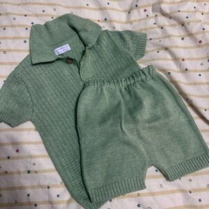 Green Polo Shirt with Ribbed Knit Texture